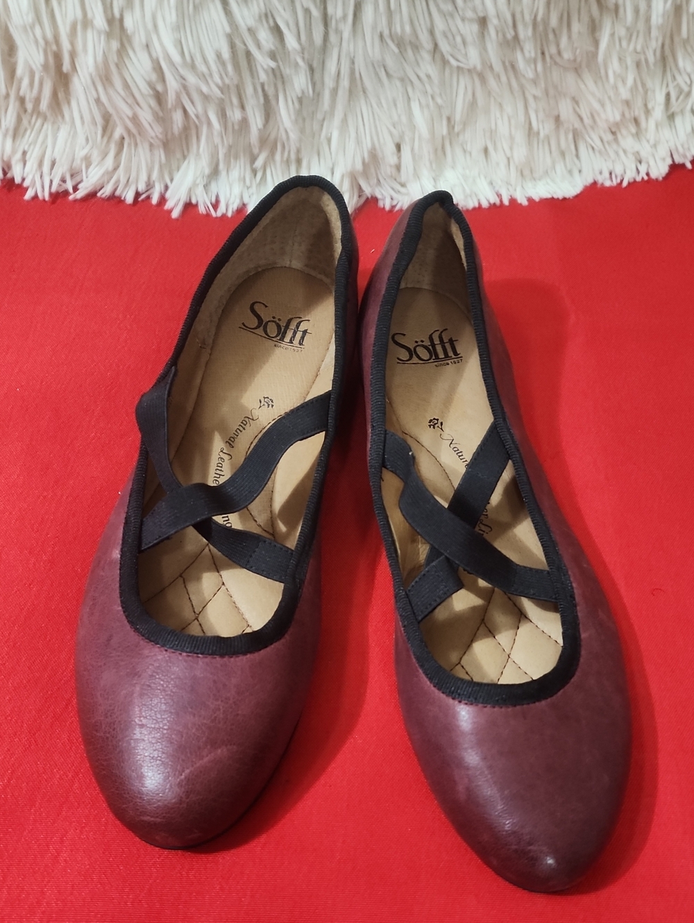 Sofft Kenni Burgundy Leather Ballet Flats with Black Cross Straps